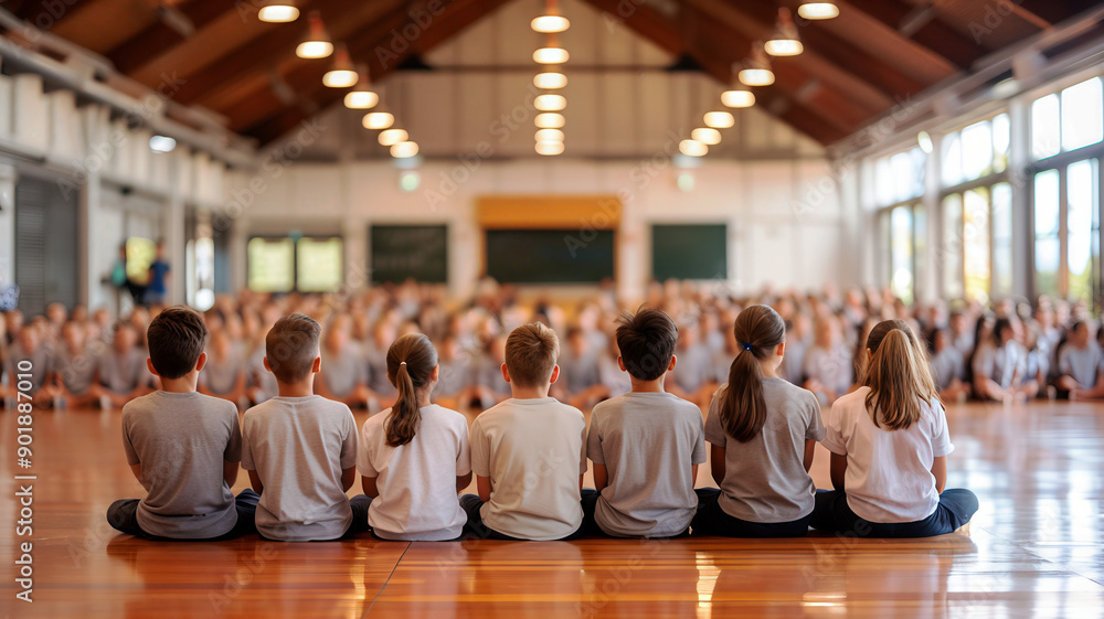 Children meditating together in a spacious hall, promoting mindfulness and focus in a serene environment. Children meditating together in a spacious hall, promoting mindfulness and focus in a serene environment.
