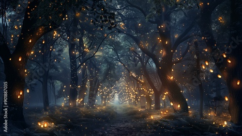 Mystical magical forest at night with glowing lights