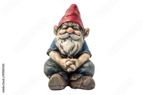 Cute garden gnome statue with a red hat, sitting cross-legged. Perfect for home and garden decor enthusiasts and collectors.