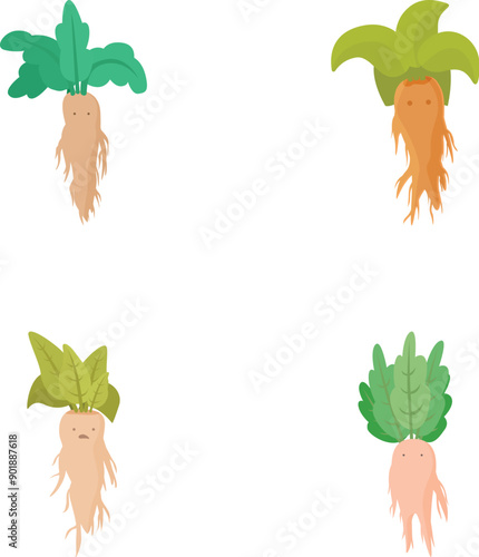 Collection of four adorable root vegetable mascots with expressive faces, isolated on a white background