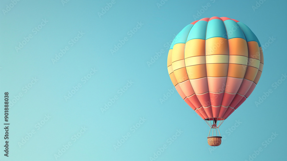 Obraz premium Up, Up and Away! Vibrant 3D Cartoon Hot Air Balloon Floating in Clear Blue Sky with Copy Space for Text or Design Elements