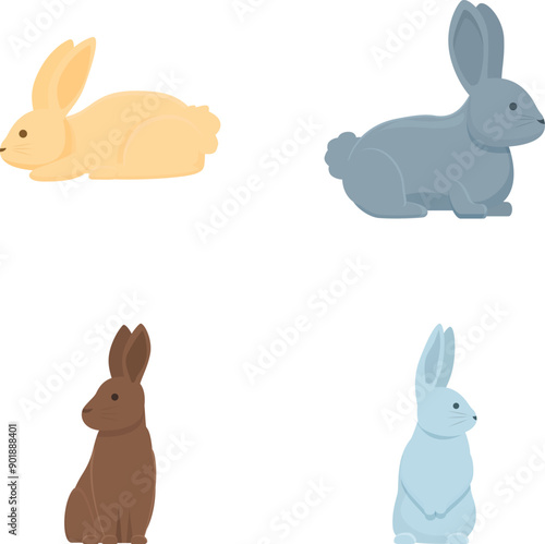 Set of four adorable cartoon rabbits in different colors and poses isolated on a white background