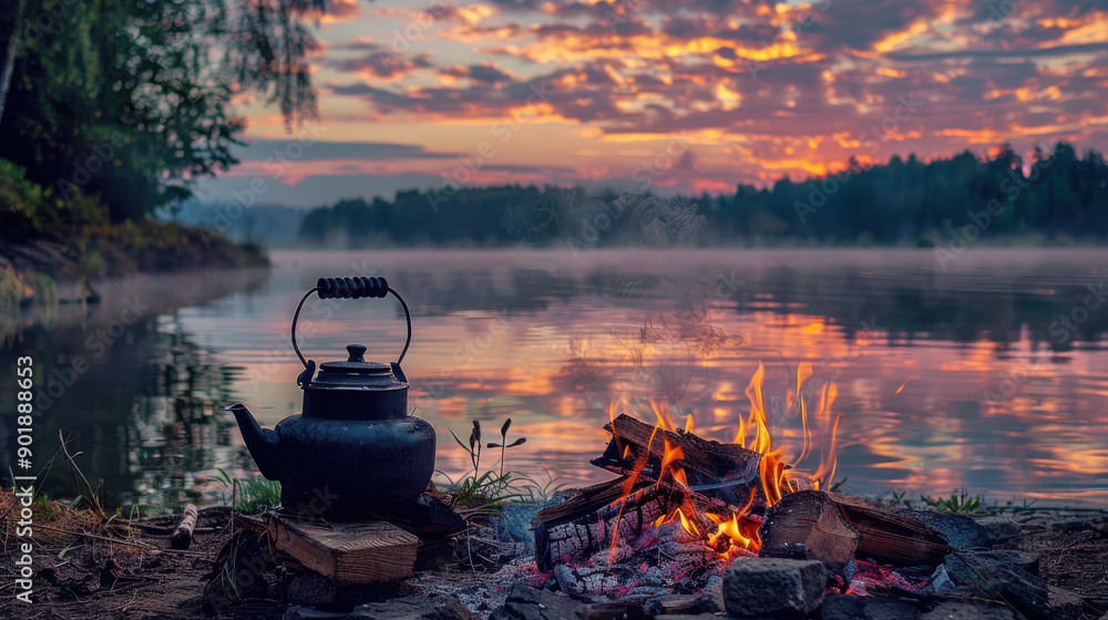 A vivid photograph of a black kettle on a campfire beside a lake at dawn, detailed flames and smoke, forest edge visible across the lake A vivid photograph of a black kettle on a campfire beside a lake at dawn, detailed flames and smoke, forest edge visible across the lake