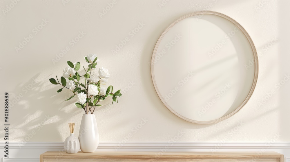 A beautifully decorated entryway with a console table, a mirror, and a vase of fresh flowers, with copy space, high-resolution photo, realistic photo A beautifully decorated entryway with a console table, a mirror, and a vase of fresh flowers, with copy space, high-resolution photo, realistic photo