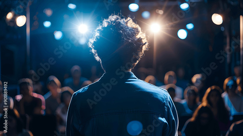 Close-up of actor delivering monologue on stage with spotlight