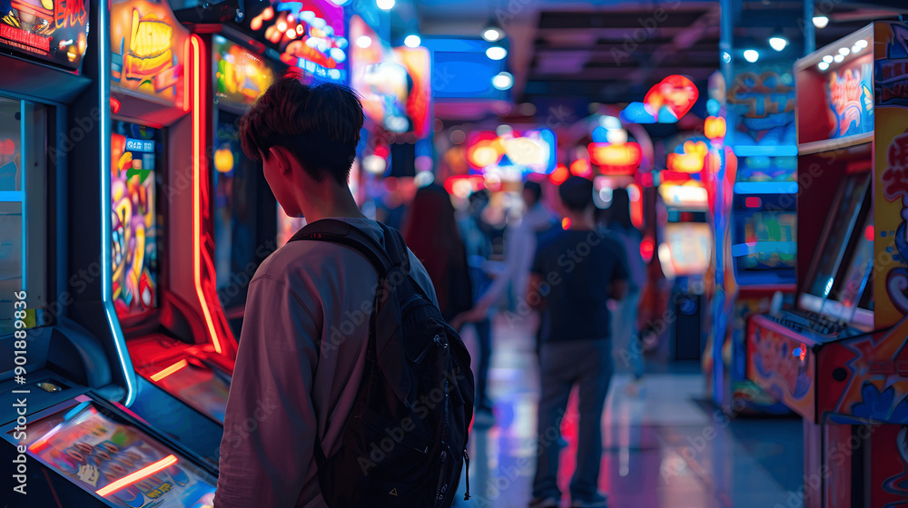 High-tech arcade with variety of games and bright lights High-tech arcade with variety of games and bright lights