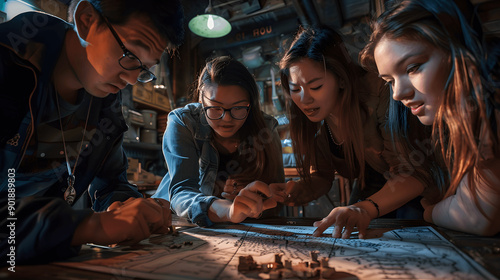 Group working on complex puzzle in escape room