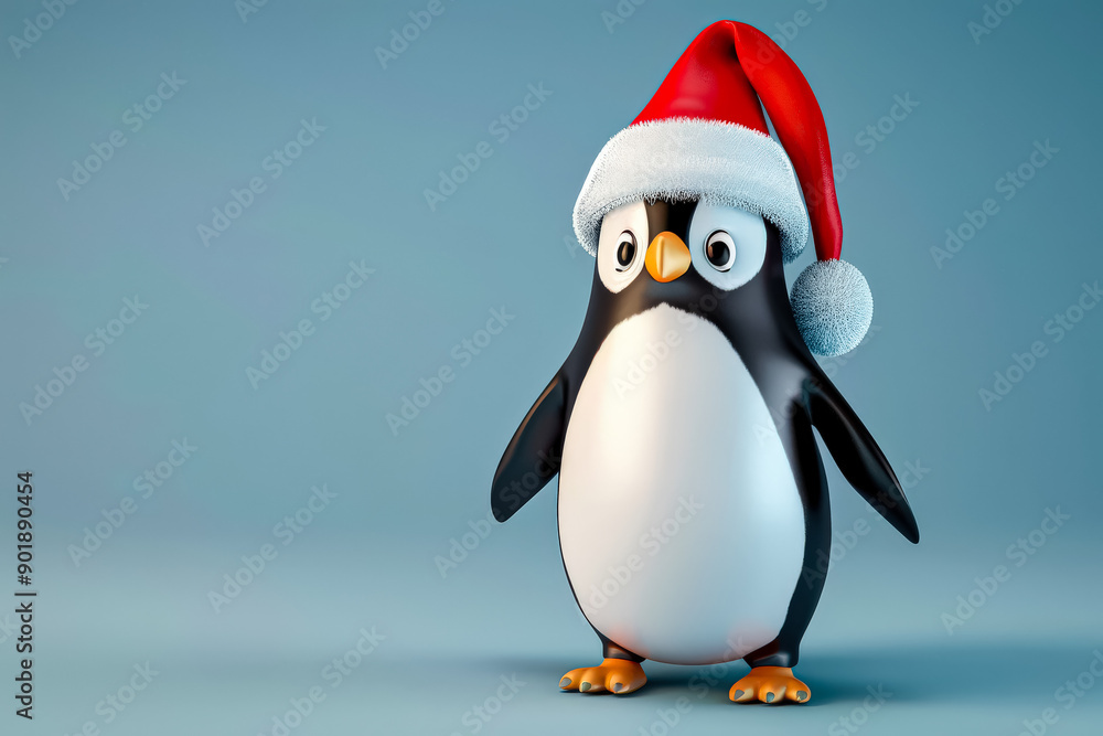 Obraz premium A penguin wearing a red hat and a white Christmas hat.