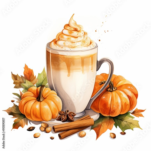 Pumpkin Spice Latte Watercolor Isolated on White Background, Autumn Flavors, Pumpkin Spice Hot Chocolate
