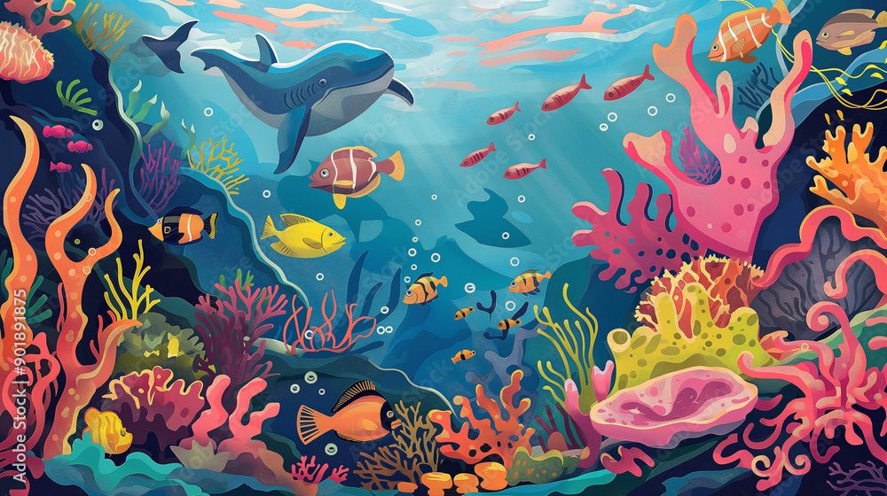 A colorful underwater scene with a dolphin swimming in the background A colorful underwater scene with a dolphin swimming in the background