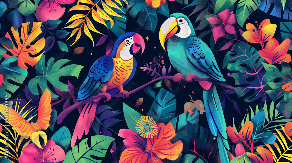 Obraz premium Two colorful parrots are perched on a branch in a lush tropical forest