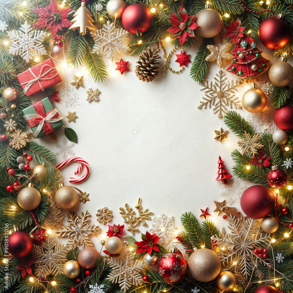 Create a bright festive Christmas background with a blank space for your message. Add elements such as twinkling lights, snowflakes, ornaments and a decorated Christmas tree. Use a color palette of re Create a bright festive Christmas background with a blank space for your message. Add elements such as twinkling lights, snowflakes, ornaments and a decorated Christmas tree. Use a color palette of re