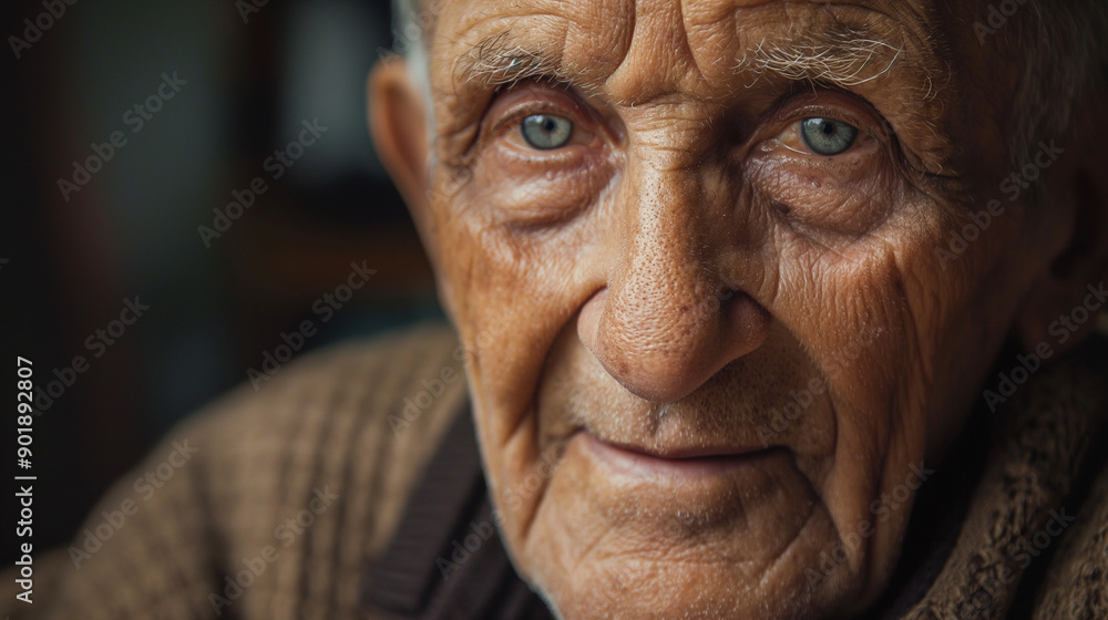 A man with a blue eye stares at the camera A man with a blue eye stares at the camera