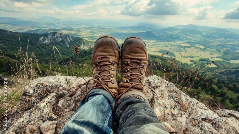 Relaxing hikers taking a break while enjoying scenic mountain views in late afternoon Relaxing hikers taking a break while enjoying scenic mountain views in late afternoon