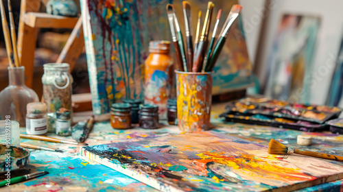 A painting table with many different colors of paint and brushes