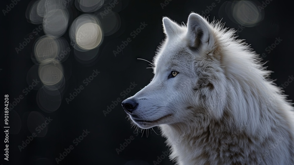 Fototapeta premium Portrait of a white wolf on a black background