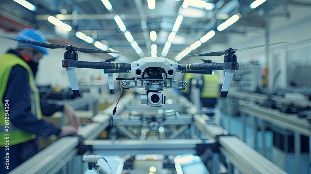 Manufacturing various surveillance drones in a factory Manufacturing various surveillance drones in a factory