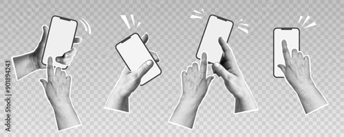 Collage with set halftone hands holding phone. Modern vector pop art retro style illustration. Design element for infographic, poster, website, greeting card