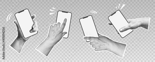 Collage with set halftone hands holding phone. Modern vector pop art retro style illustration. Design element for infographic, poster, website, greeting card