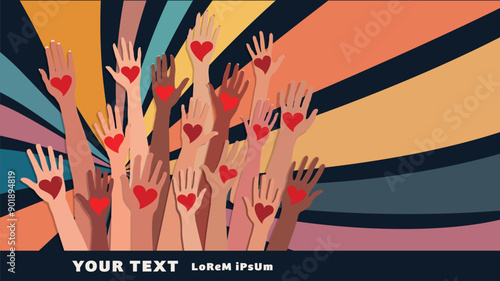 Raised hands. Diverse people holding a heart. Charitable donation and volunteer work. Support and assistance. Multicultural community.Diversity of people. Aid. NGO. Volunteerism. Poster