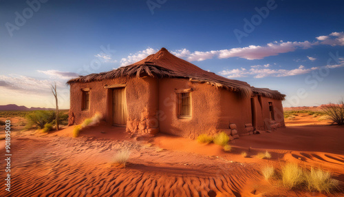A mud house in desert, clear and wide, Generated AI


