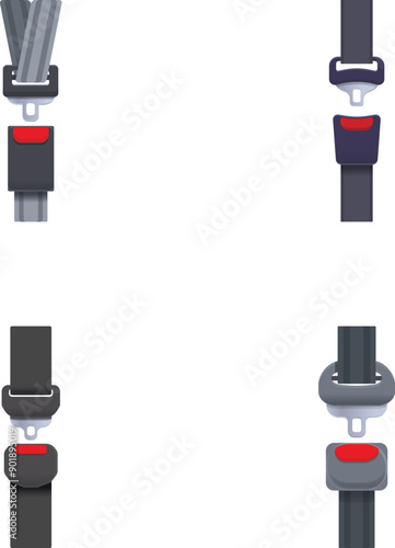 Vector illustrations of seat belt buckles in various stages of fastening