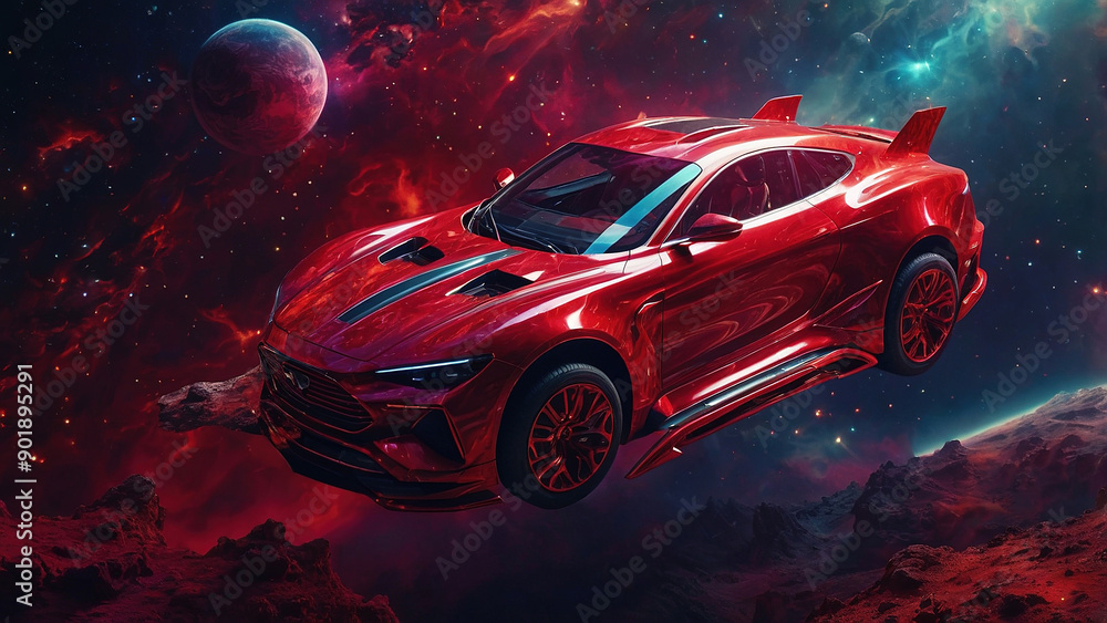 Futuristic Red Vehicle in a Cosmic Landscape With Stars and Planets at Dusk Futuristic Red Vehicle in a Cosmic Landscape With Stars and Planets at Dusk
