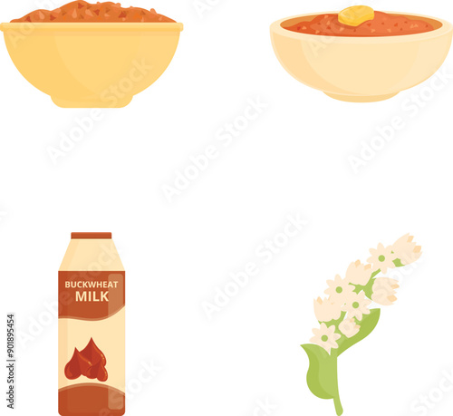 Vector icons of plantbased foods including a bowl of chili and buckwheat milk