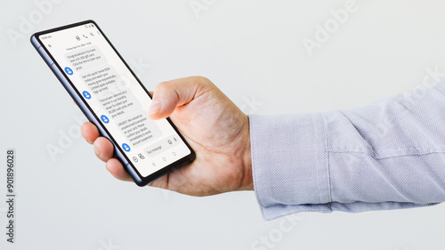 Hand holding mobile phone with scam text messages on the screen