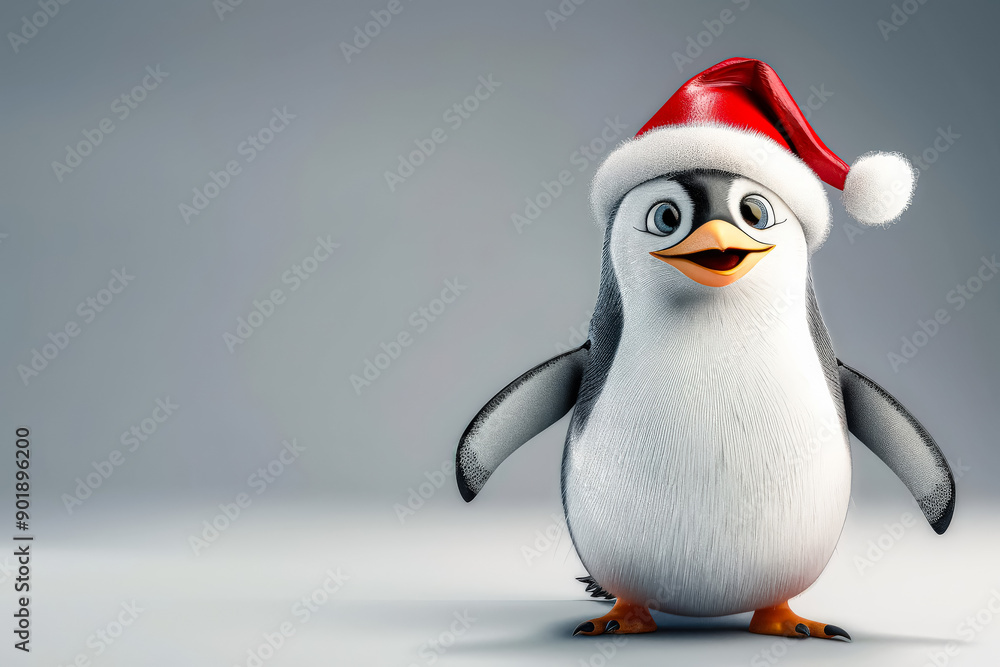 Fototapeta premium A penguin wearing a red hat and a white Christmas hat.