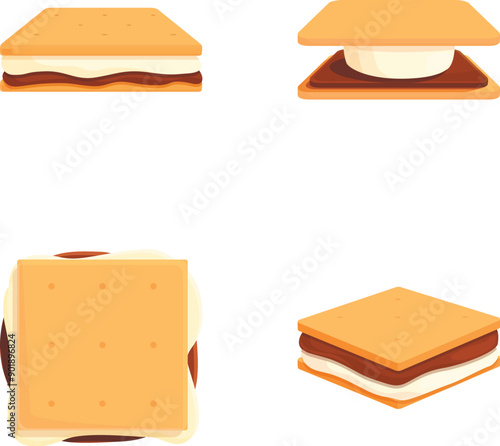 Assorted cartoon smore illustrations with marshmallow. Chocolate. And graham cracker. Perfect for a delicious summer campfire treat. In a fun and kidfriendly vector graphic design