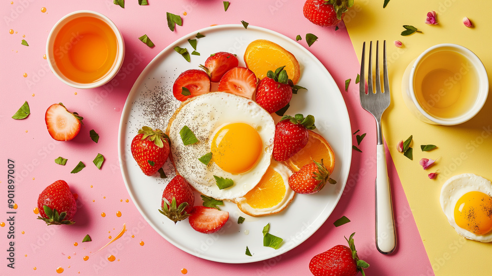Beautiful bright breakfast on a plate on one colored background, top view Beautiful bright breakfast on a plate on one colored background, top view