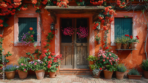 Fototapeta Naklejka Na Ścianę i Meble -  Old home front door  decorated with flowers 