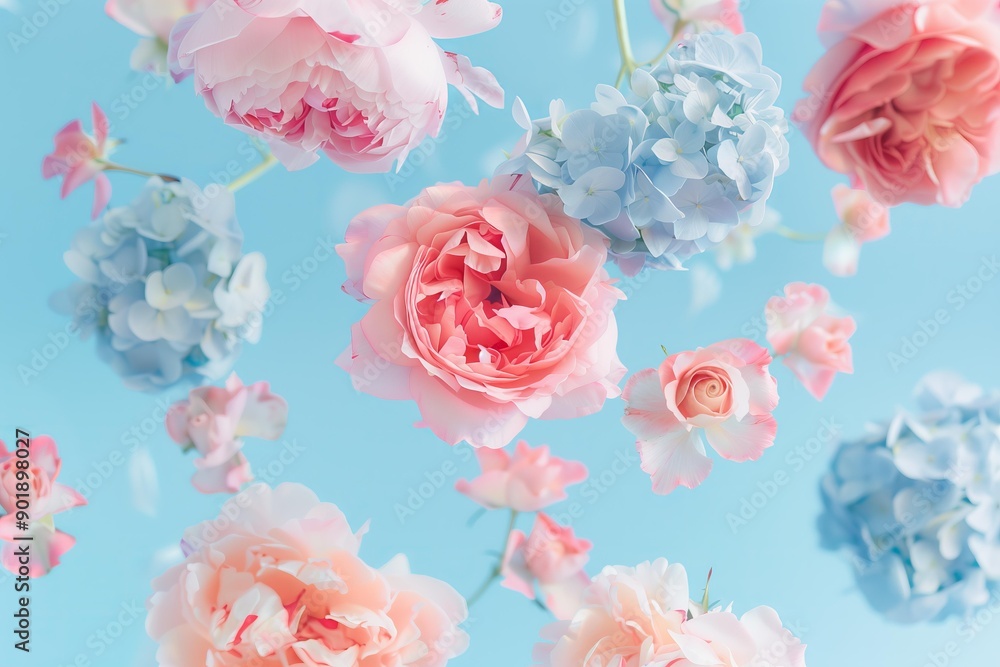 Fototapeta premium big flying roses and peonies in pastel pastel pink colors and blue hydrangeas on a pastel blue background