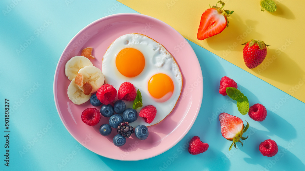 Beautiful bright breakfast on a plate on one colored background, top view Beautiful bright breakfast on a plate on one colored background, top view