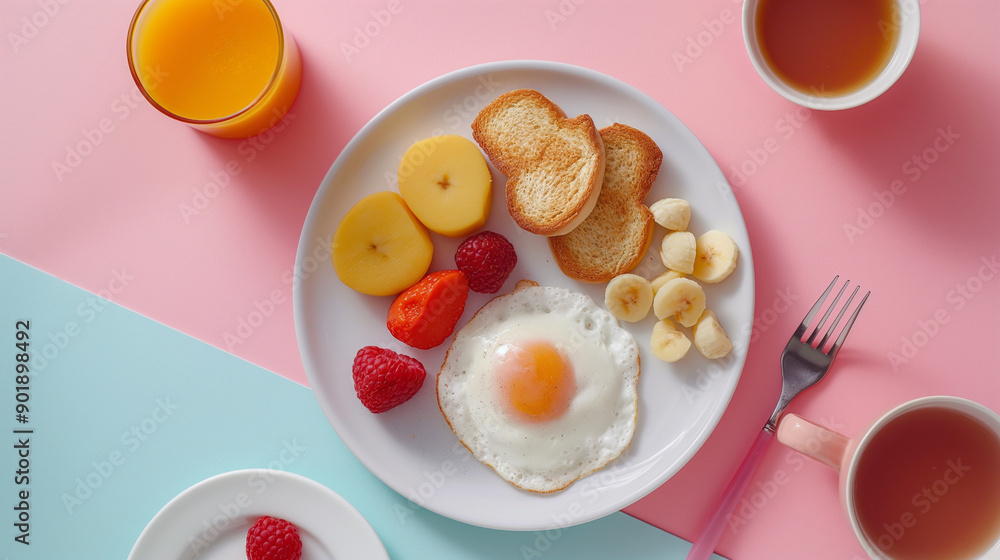 Beautiful bright breakfast on a plate on one colored background, top view Beautiful bright breakfast on a plate on one colored background, top view