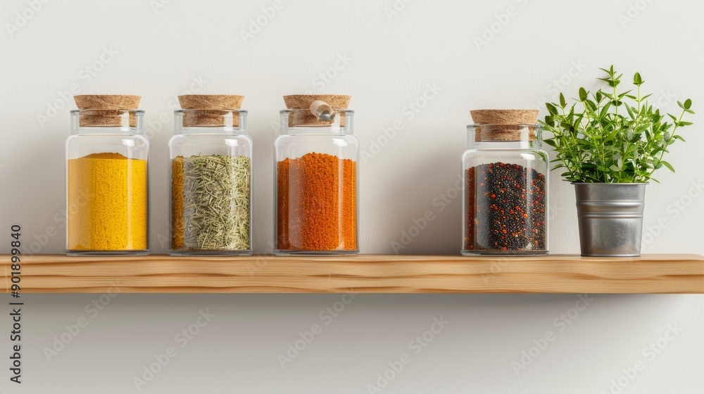 A close-up of a kitchen shelf with neatly arranged spices, jars, and a small potted herb plant, with copy space, high-resolution photo, realistic photo A close-up of a kitchen shelf with neatly arranged spices, jars, and a small potted herb plant, with copy space, high-resolution photo, realistic photo