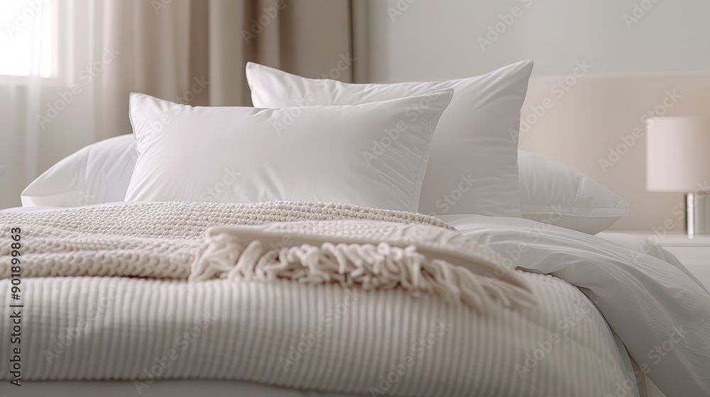 A close-up of a neatly made bed with crisp white linens, fluffy pillows, and a cozy throw blanket, with copy space, high-resolution photo, realistic photo A close-up of a neatly made bed with crisp white linens, fluffy pillows, and a cozy throw blanket, with copy space, high-resolution photo, realistic photo