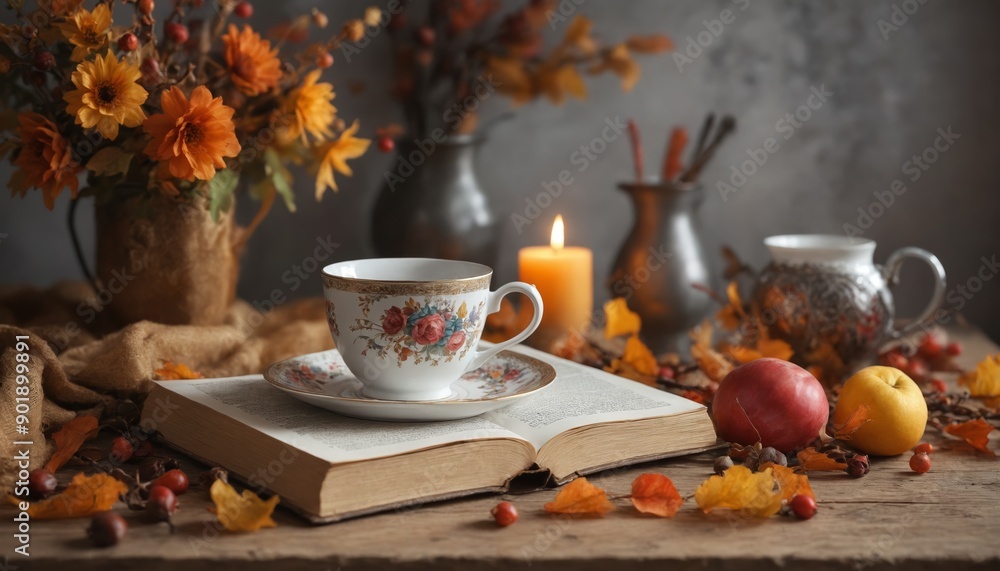 Warm autumn afternoon tea with books, leaves, and rustic decor in cozy room Warm autumn afternoon tea with books, leaves, and rustic decor in cozy room