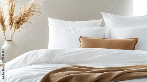 A close-up of a neatly made bed with crisp white linens, fluffy pillows, and a cozy throw blanket, with copy space, high-resolution photo, realistic photo