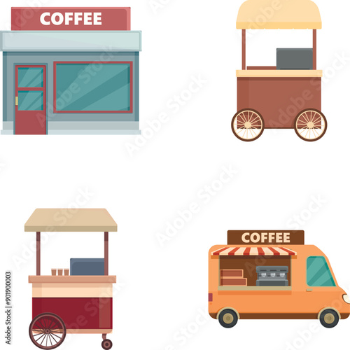 Set of four illustrations featuring different styles of coffee shops and carts