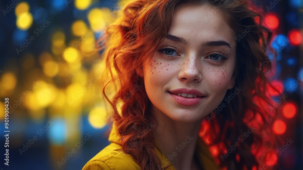 Young Woman With Vibrant Red Hair Posing in Urban Setting During Evening With Colorful Bokeh Lights Young Woman With Vibrant Red Hair Posing in Urban Setting During Evening With Colorful Bokeh Lights