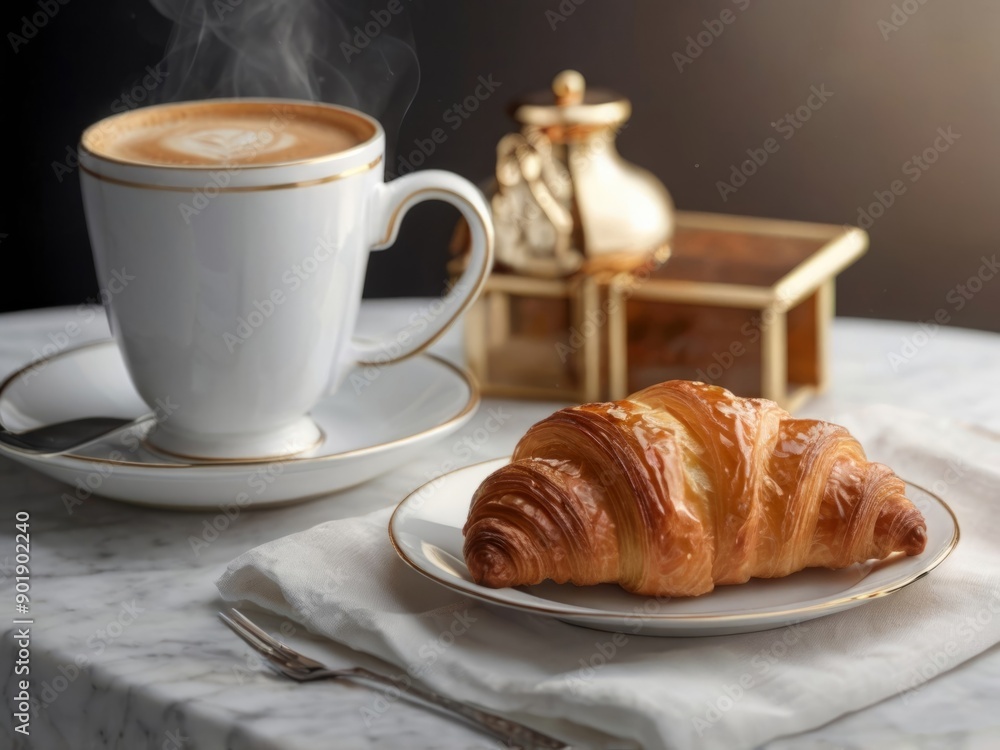 A warm, freshly baked croissant sprinkled with powdered sugar next to a steaming cup of black coffee. AI generated. A warm, freshly baked croissant sprinkled with powdered sugar next to a steaming cup of black coffee. AI generated.