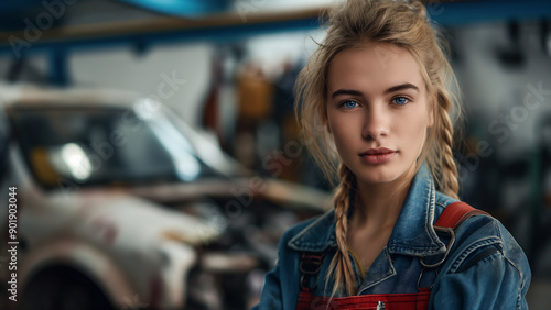 White female mechanic, copy space, looking at the subject with a serious or sad expression