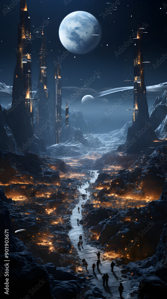 A futuristic city on an alien planet with towering structures and a winding path illuminated by glowing lights, under a blue moon. A futuristic city on an alien planet with towering structures and a winding path illuminated by glowing lights, under a blue moon.