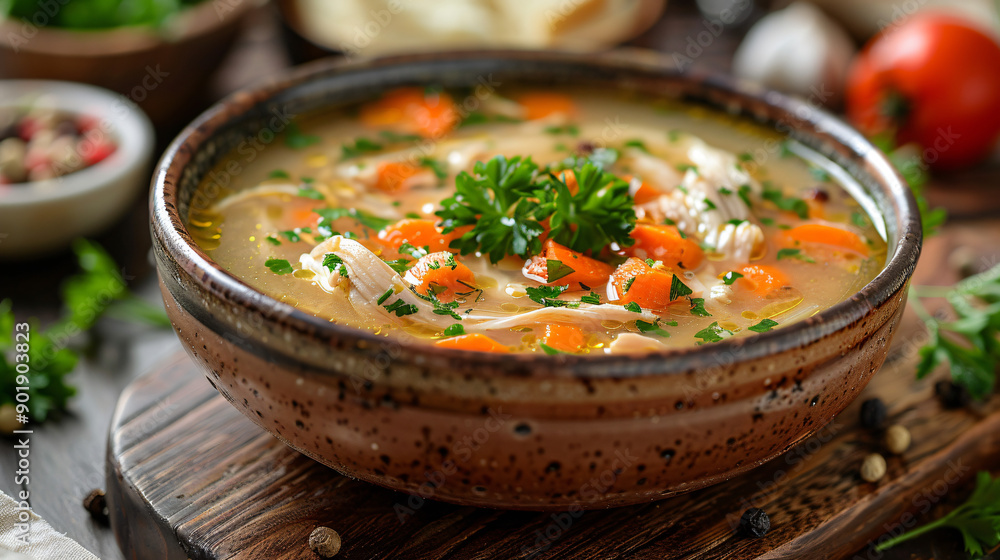 Bowl of hot chicken soup with vegetable on wooden table Bowl of hot chicken soup with vegetable on wooden table