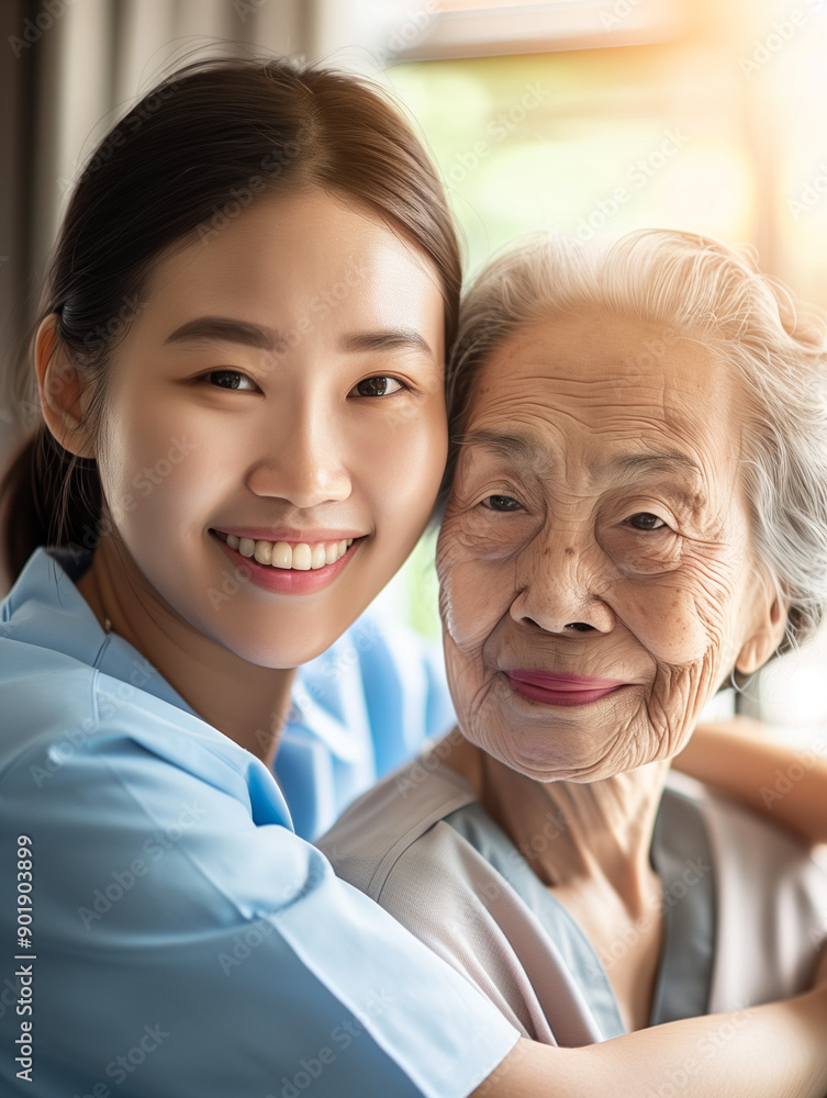 Portrait of a young female nurse accompanying an older woman, smile, warm, bright environment of hospital Portrait of a young female nurse accompanying an older woman, smile, warm, bright environment of hospital