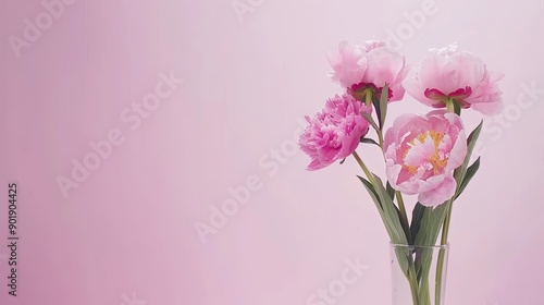 Wallpaper Mural A lovely display featuring white and pink peonies alongside green leaves against a gentle pink backdrop Torontodigital.ca
