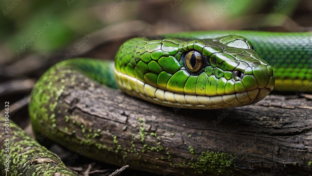 Fototapeta premium Green Snake Slithering Along a Tree Log Surrounded by Lush Vegetation in a Rainforest Setting