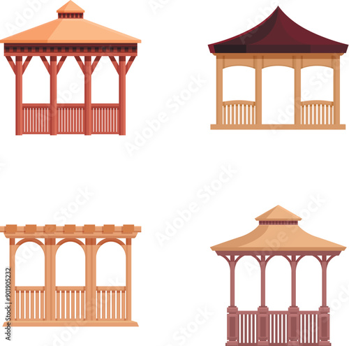 Collection of four vector illustrations showcasing different designs of wooden gazebos